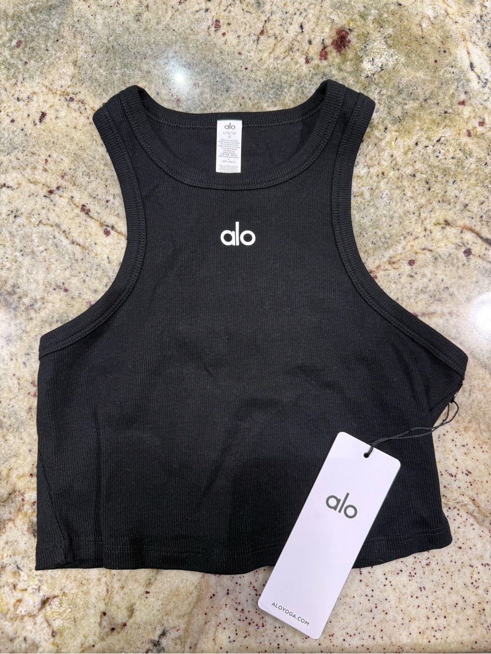 ALO Yoga Black Ribbed Cropped Tank with Center Logo